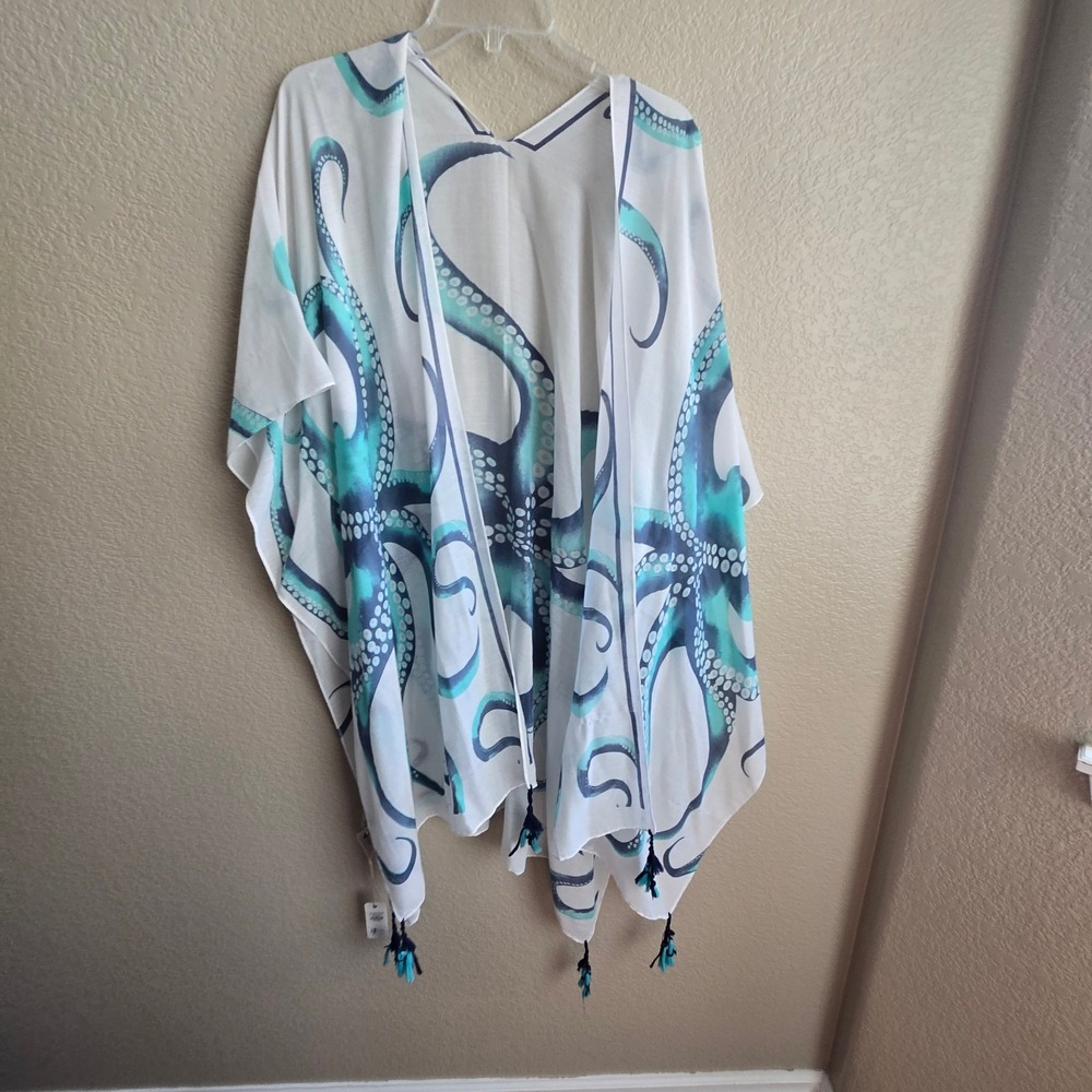 Coastal Classic Octopus Print Tassel Kimono Wrap Cover Up Green flaws M